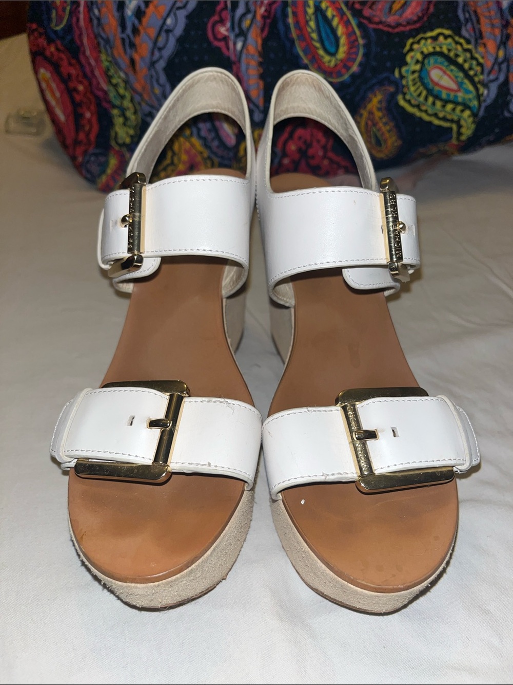 White Michael Kors Buckle Platform Sandals - Women's